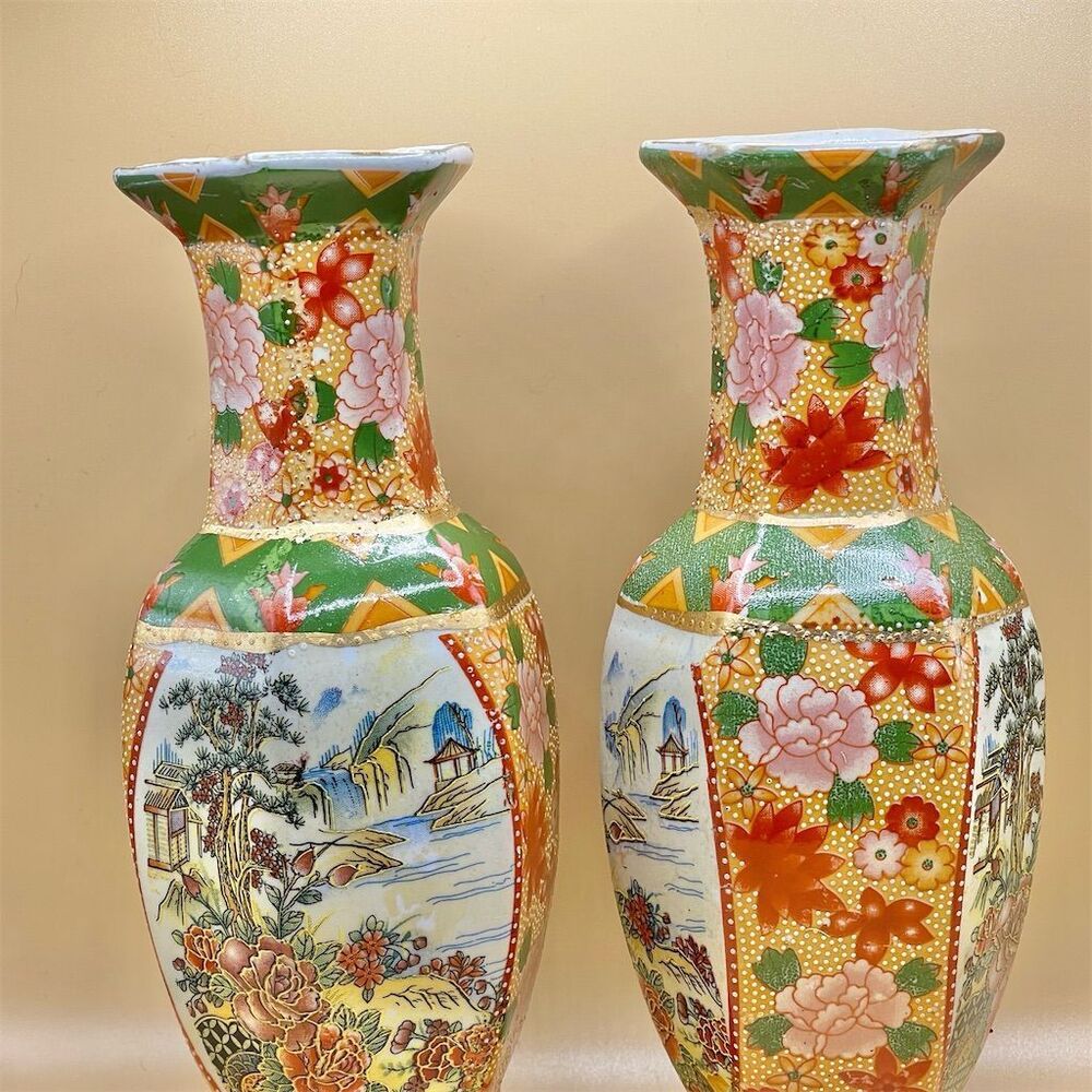 Oriental Satsuma Hand-Painted Vase Gold Etching Floral Asian Ceramic 8” Set of 2